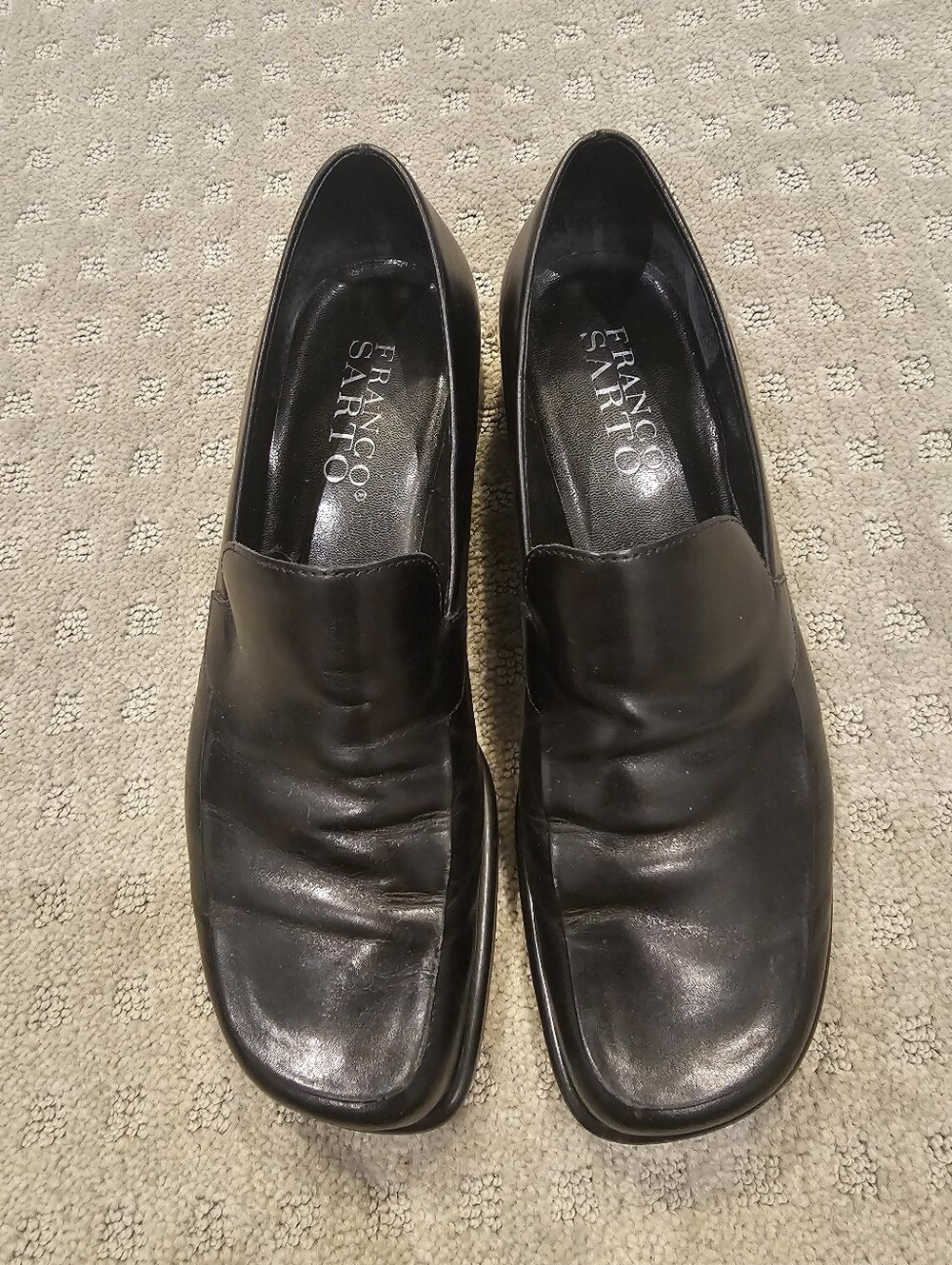 Franco Sarto Bocca Leather Block Heel Loafers 9 Black Square Toe